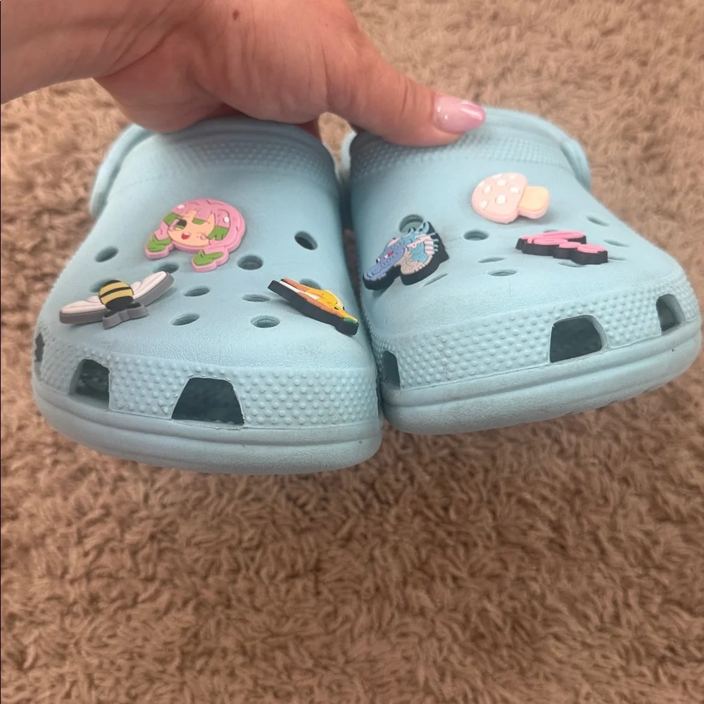 CROCS Kids Girls Sky Blue Clogs with Playful Charms Size J5